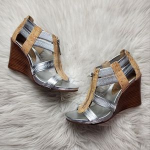 Donald Pliner Cork Metallic Silver Wedges 7.5